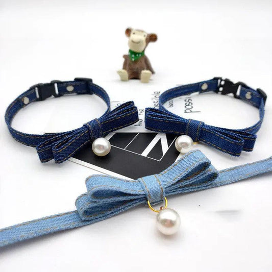 Adjust Denim Colour Cat And Dog Collar Pearl Bell 